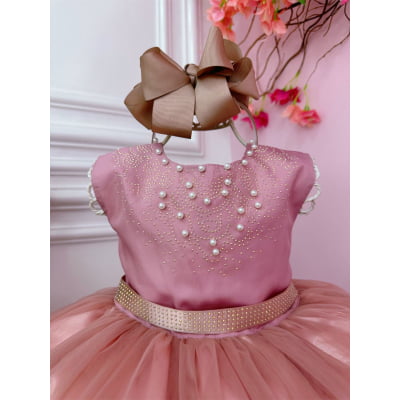 Vestido Infantil Rose C/ Strass Pérolas Damas Luxo