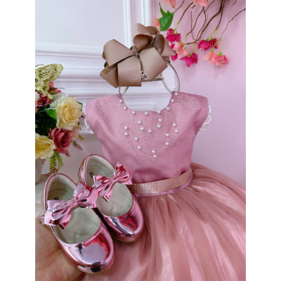 Vestido Infantil Rose C/ Strass Pérolas Damas Luxo