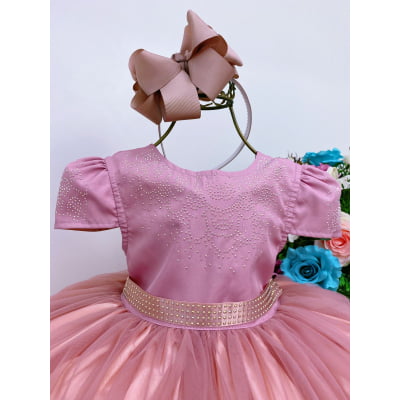 Vestido Infantil Rose Peito C/ Strass Damas Luxo Mangas