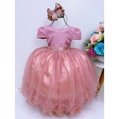 Vestido Infantil Rose Peito C/ Strass Damas Luxo Mangas