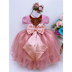 Vestido Infantil Rose Peito C/ Strass Damas Luxo Mangas