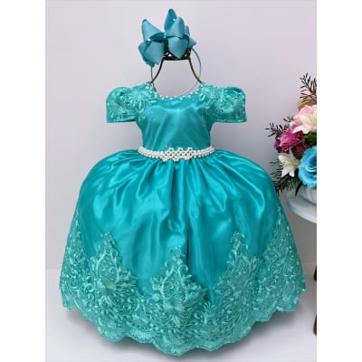 Vestido Infantil Verde Rendado Casamento Damas Luxo Pérolas