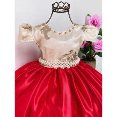 Vestido Infantil Vermelho e Marfim Luxo Pérolas Rendado