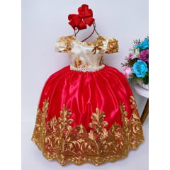 Vestido Infantil Vermelho e Marfim Luxo Pérolas Rendado