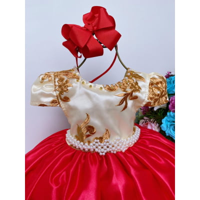Vestido Infantil Vermelho e Marfim Luxo Pérolas Rendado