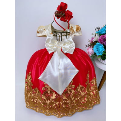 Vestido Infantil Vermelho e Marfim Luxo Pérolas Rendado