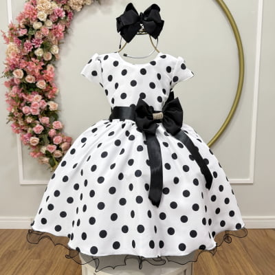 Vestido infantil Branco com poás pretos