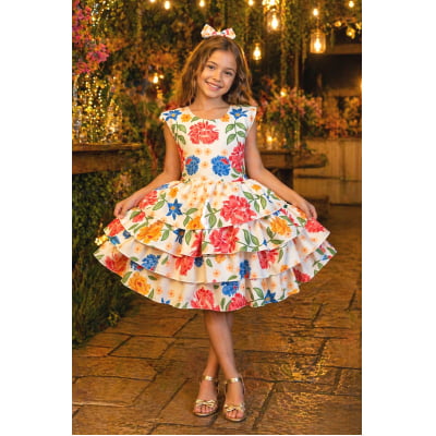 Vestido Infantil Floral Casual Bege C/ babados
