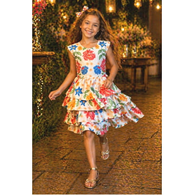 Vestido Infantil Floral Casual Bege C/ babados