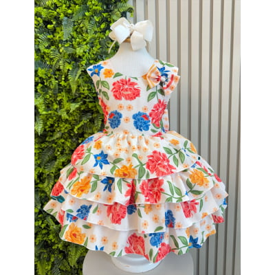 Vestido Infantil Floral Casual Bege C/ babados