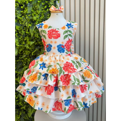 Vestido Infantil Floral Casual Bege C/ babados