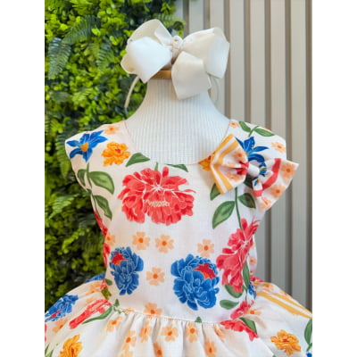 Vestido Infantil Floral Casual Bege C/ babados
