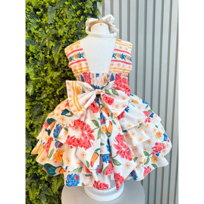 Vestido Infantil Floral Casual Bege C/ babados