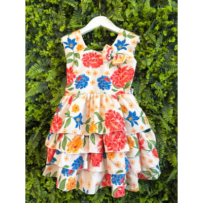Vestido Infantil Floral Casual Bege C/ babados