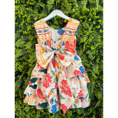 Vestido Infantil Floral Casual Bege C/ babados