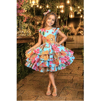Vestido Infantil Floral  Casual Verde C/ Babados