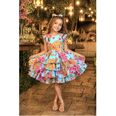 Vestido Infantil Floral  Casual Verde C/ Babados