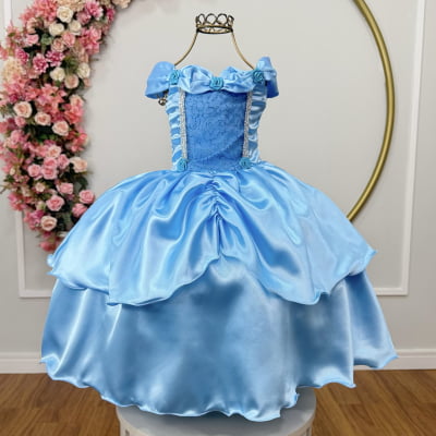 Fantasia Infantil Cinderela Azul Acetinado Renda e Brilho
