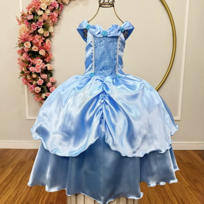 Fantasia Infantil Cinderela Azul C/ Renda e Brilho
