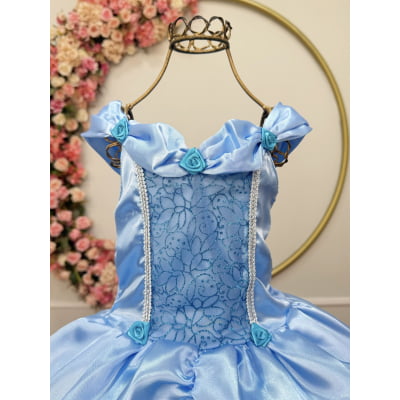 Fantasia Infantil Cinderela Azul C/ Renda e Brilho