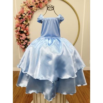 Fantasia Infantil Cinderela Azul C/ Renda e Brilho