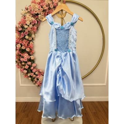 Fantasia Infantil Cinderela Azul C/ Renda e Brilho