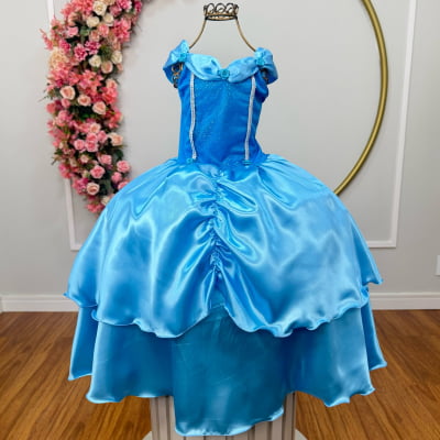 Fantasia Infantil Cinderela Azul Claro C/ brillho saia acetinada