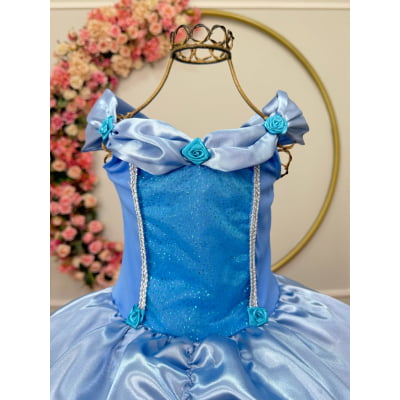 Fantasia Infantil Cinderela Azul Glitter no busto c/ saia em cetim
