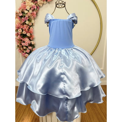 Fantasia Infantil Cinderela Azul Glitter no busto c/ saia em cetim
