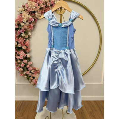Fantasia Infantil Cinderela Azul Glitter no busto c/ saia em cetim