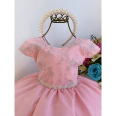 Vestido Infantil Rosa Renda Brilho Cinto de Strass e Pérolas