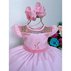 Vestido Infantil Rosa Renda Cinto de Pérolas Luxo