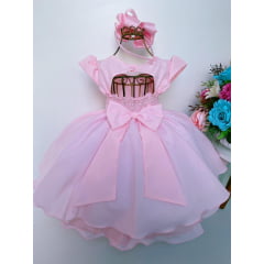 Vestido Infantil Rosa Renda Cinto de Pérolas Luxo