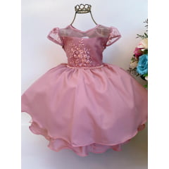 Vestido Infantil Rose Renda Luxo Cinto Pérolas