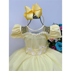 Vestido Infantil Amarelo C/ Aplique de Borboletas Pérolas
