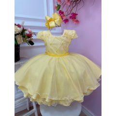 Vestido Infantil Amarelo Peito Nervura Cinto Pérolas Luxo