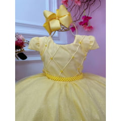 Vestido Infantil Amarelo Peito Nervura Cinto Pérolas Luxo