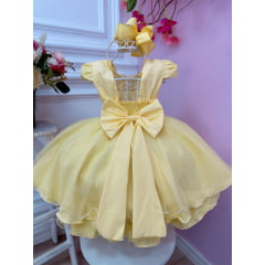 Vestido Infantil Amarelo Peito Nervura Cinto Pérolas Luxo