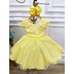 Vestido Infantil Amarelo Peito Nervura Cinto Pérolas Luxo