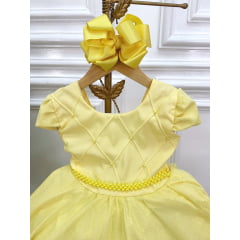 Vestido Infantil Amarelo Peito Nervura Cinto Pérolas Luxo