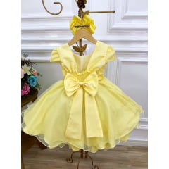 Vestido Infantil Amarelo Peito Nervura Cinto Pérolas Luxo