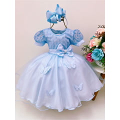 Vestido Infantil Azul C/ Borboletas Pérolas