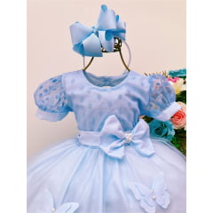 Vestido Infantil Azul C/ Borboletas Pérolas