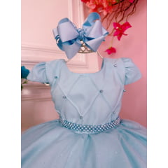 Vestido Infantil Azul C/ Peito Nervura e Cinto Pérolas