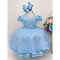 Vestido Infantil Azul Peito Nervura Cinto Pérolas Luxo
