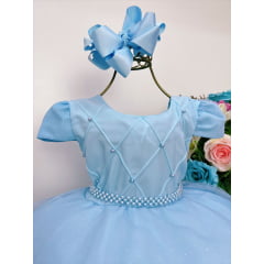 Vestido Infantil Azul Peito Nervura Cinto Pérolas Luxo