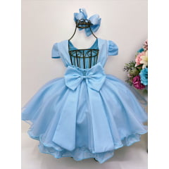 Vestido Infantil Azul Peito Nervura Cinto Pérolas Luxo