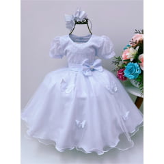 Vestido Infantil Branco C/ Borboletas Pérolas