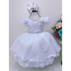 Vestido Infantil Branco Peito Nervura Cinto Strass e Pérolas