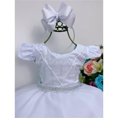 Vestido Infantil Branco Peito Nervura Cinto Strass e Pérolas